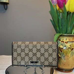GUCCI GG Logo Brown Canvas and Leather Long Continental Wallet